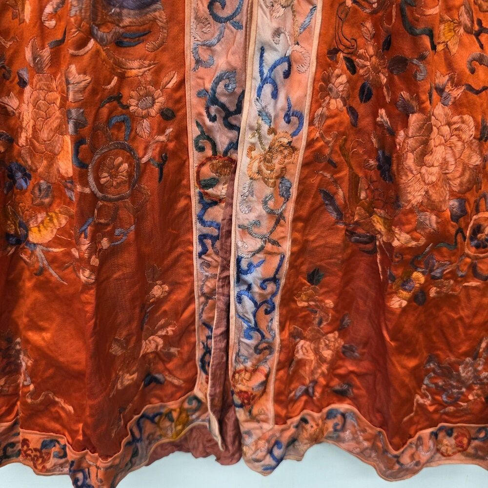 Red Asian Satin Kimono Vintage Mid Length Embroidered Pattern Button Down Flaw m - Picture 3 of 13